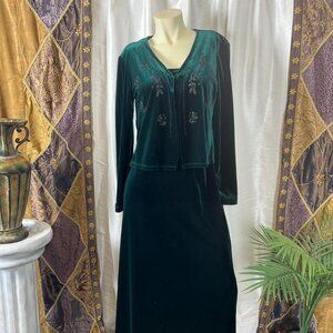 Elegant Emerald Green Jewel Tone Velvet Dress with bejeweled floral pattern and
